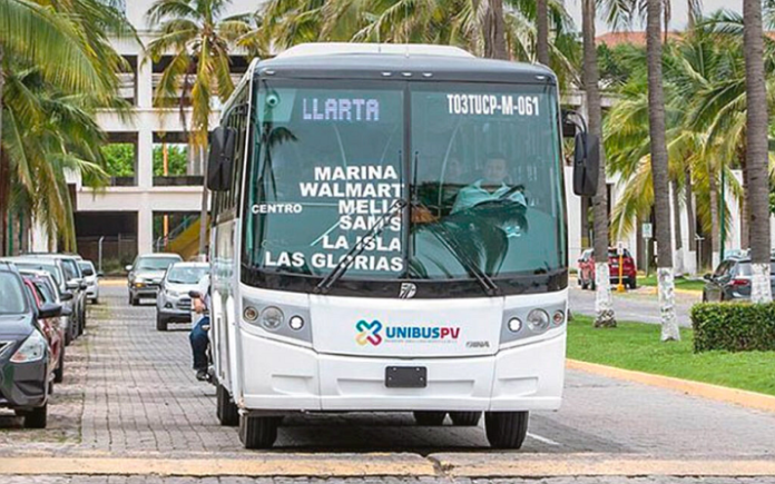 Public buses in Puerto Vallarta showing local transportation options